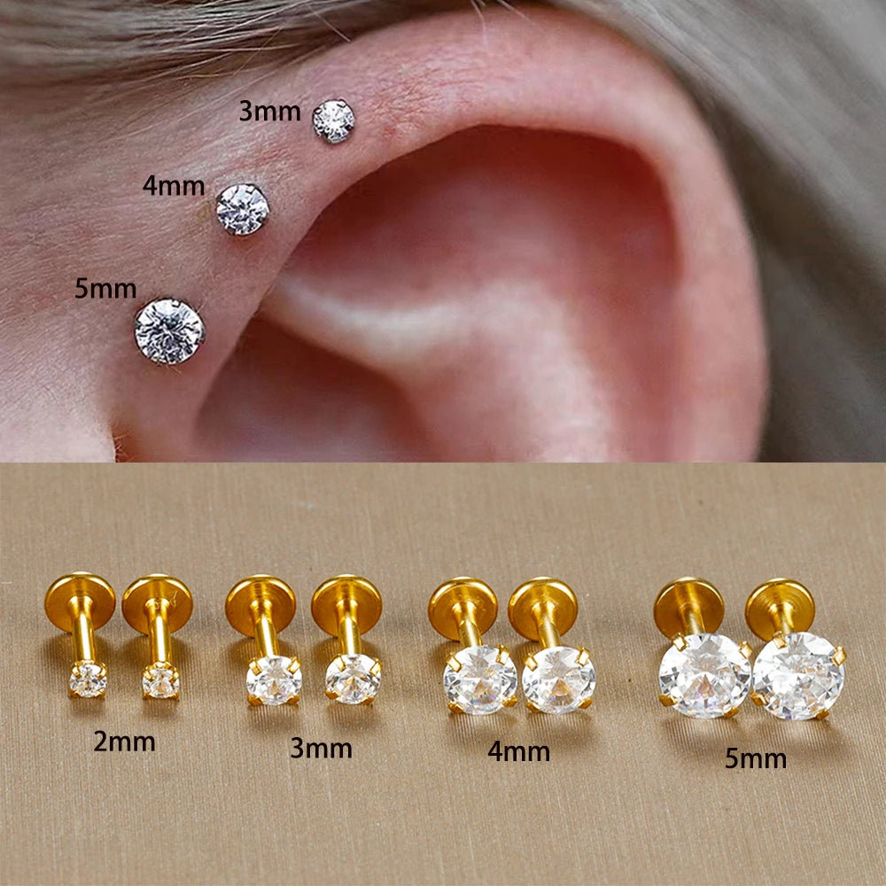 2PCS Stainless Steel Labret Stud Earrings – 16G CZ Crystal Tragus, Helix, Conch & Lip Piercing Jewelry