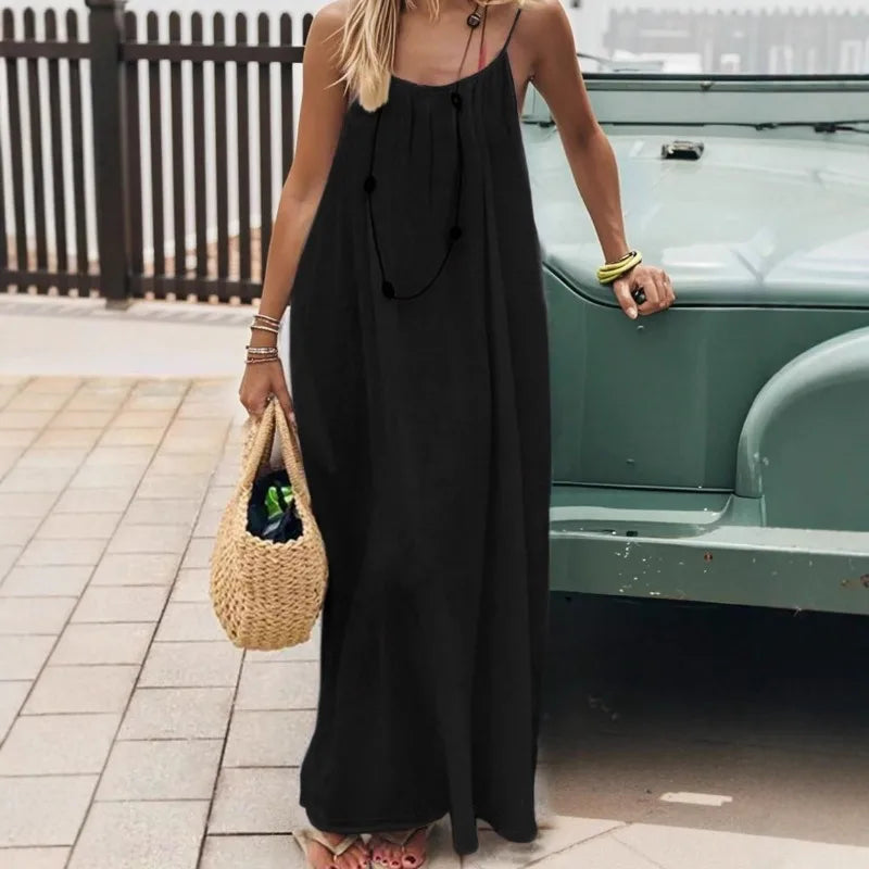Loose-Fit Spaghetti Strap Dress – Casual Summer Homewear