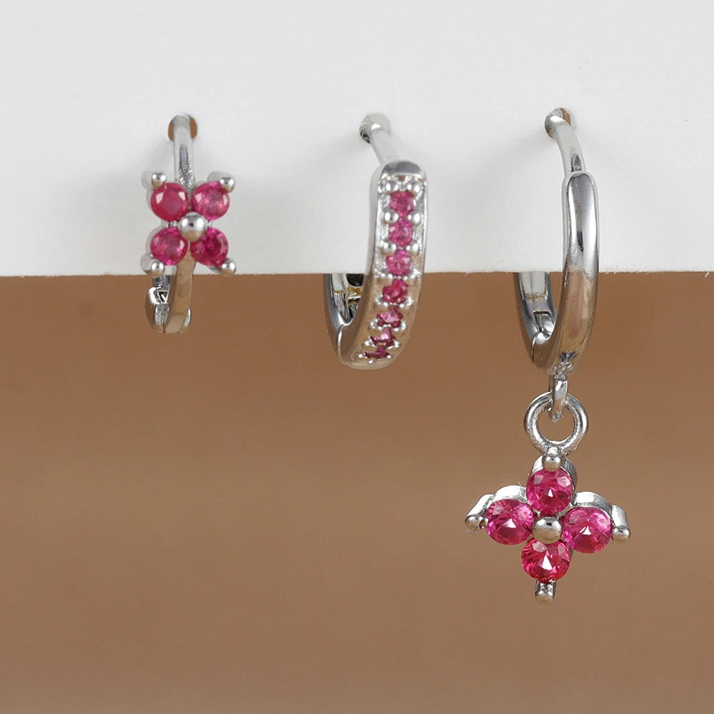 Trendy 3PCS Flower Drop Earrings Set – Stainless Steel Crystal Zirconia Dangle Earrings for Women
