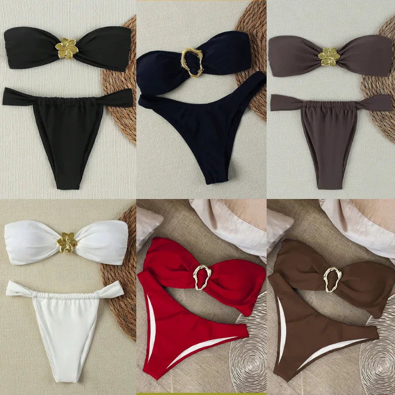 Women's Bandeau Push-Up Bikini Set – Brazilian Thong Swimwear