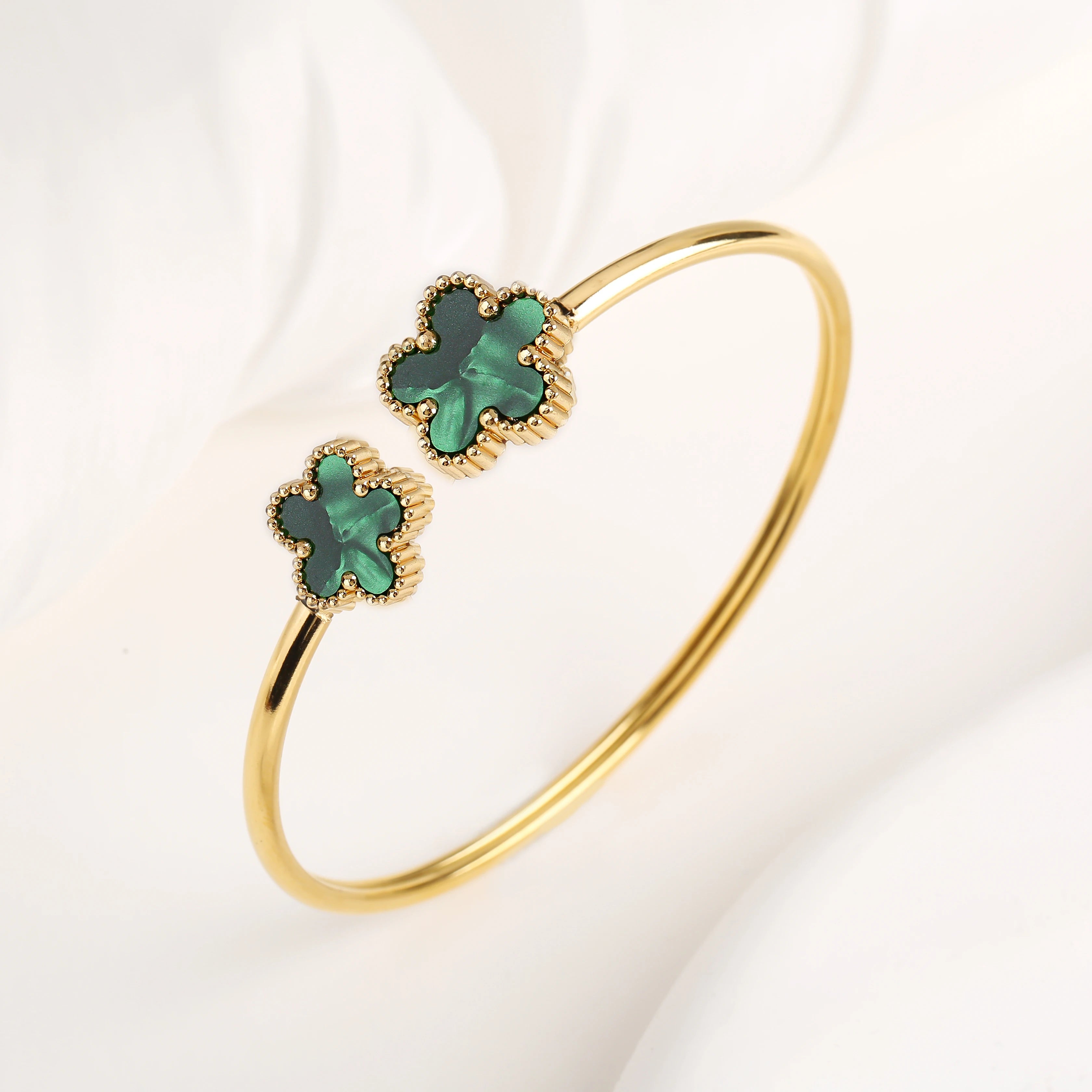 Lucky Clover Open Cuff Bracelet – Gold-Plated Stainless Steel Jewelry