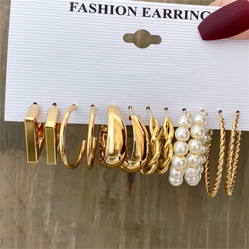 Boho Geometric Hoop Earrings Set – Gold & Pearl Statement Jewelry for Women