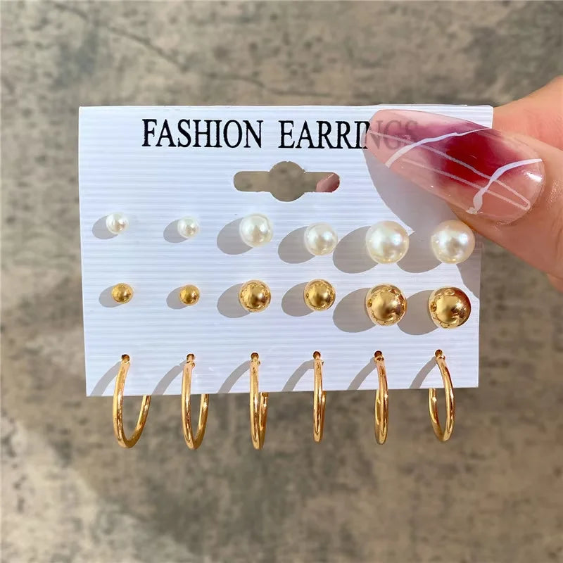 Boho Geometric Hoop Earrings Set – Gold & Pearl Statement Jewelry for Women