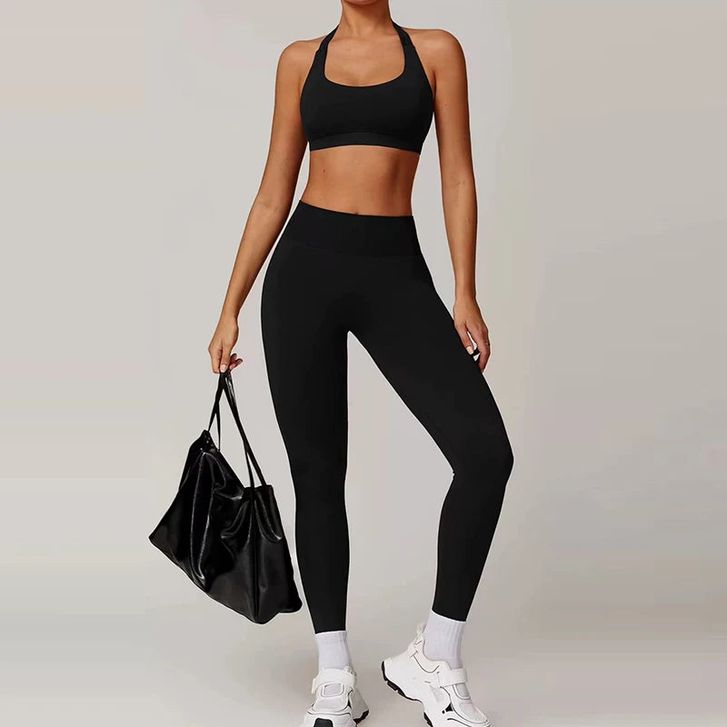 Sculpting Seamless 2-Piece Yoga Set – High-Waisted Gym Leggings & Neck-Hanging Sports Bra