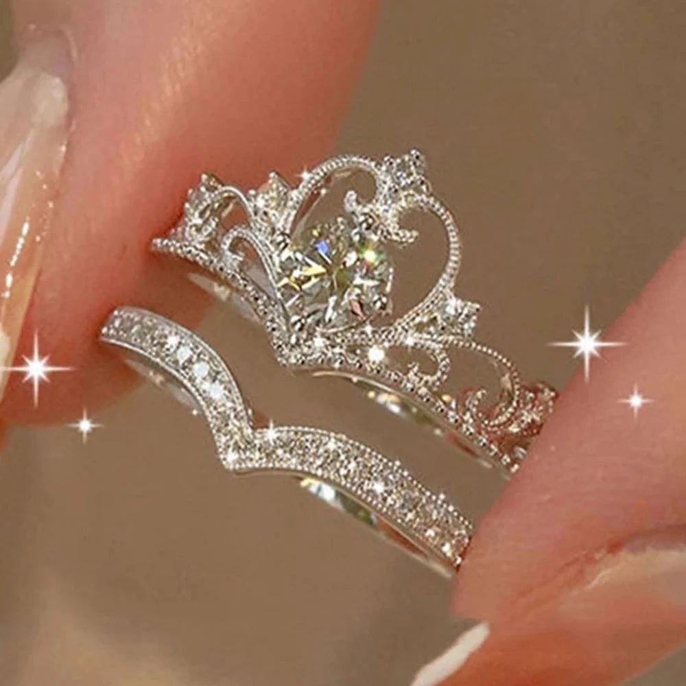 2PCS Sparkling Fairy Crown Rings Set – Adjustable Crystal Queen Party Jewelry for Women