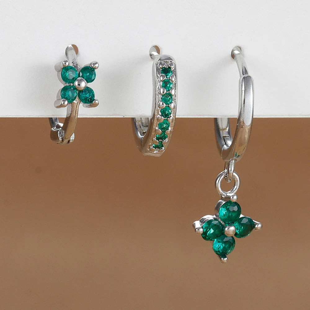 Trendy 3PCS Flower Drop Earrings Set – Stainless Steel Crystal Zirconia Dangle Earrings for Women