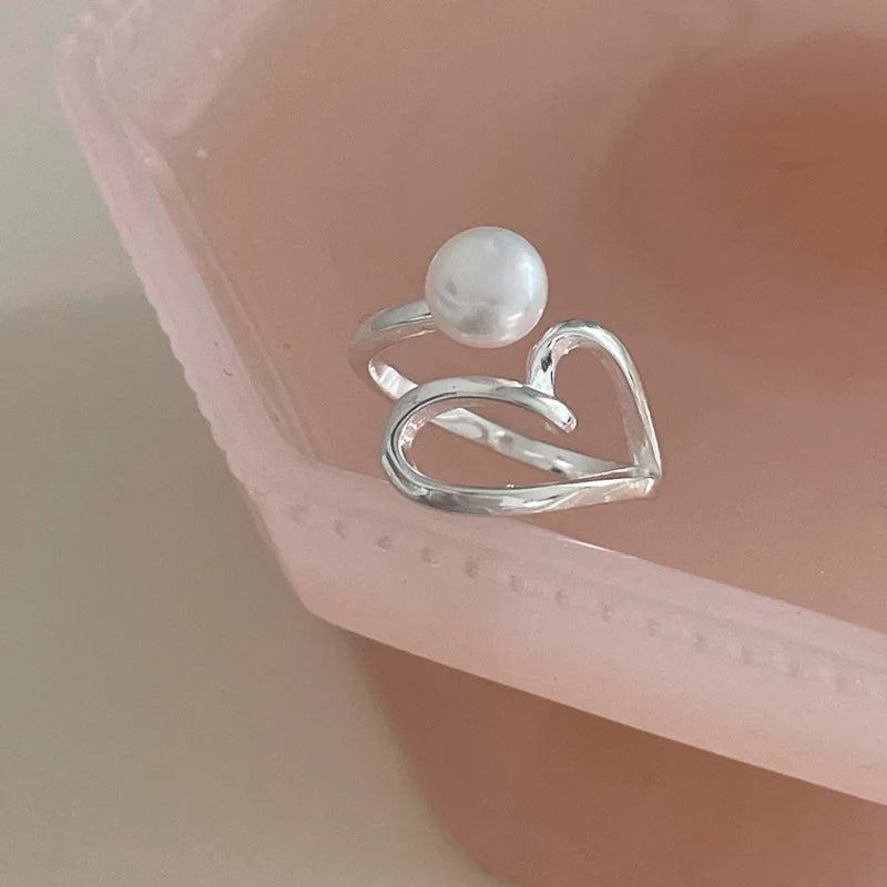 Women's 925 Sterling Silver Heart Pearl Ring – Elegant Korean Sweet Jewelry Gift